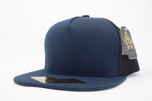 Load image into Gallery viewer, 5 Panel Cotton Trucker Flat Brim Snapback (Navy/Black) #EE106
