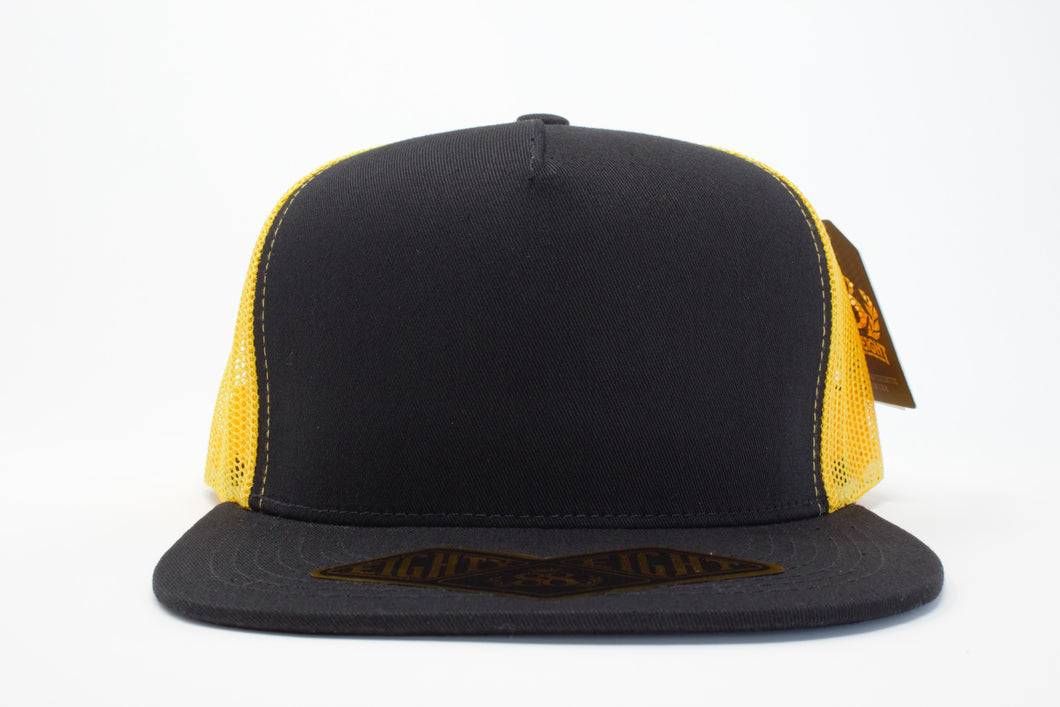 5 Panel Cotton Trucker Flat Brim Snapback (Black/Gold) #EE106