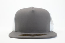 Load image into Gallery viewer, 5 Panel Cotton Trucker Flat Brim Snapback (D.Grey/White) #EE106
