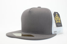 Load image into Gallery viewer, 5 Panel Cotton Trucker Flat Brim Snapback (D.Grey/White) #EE106
